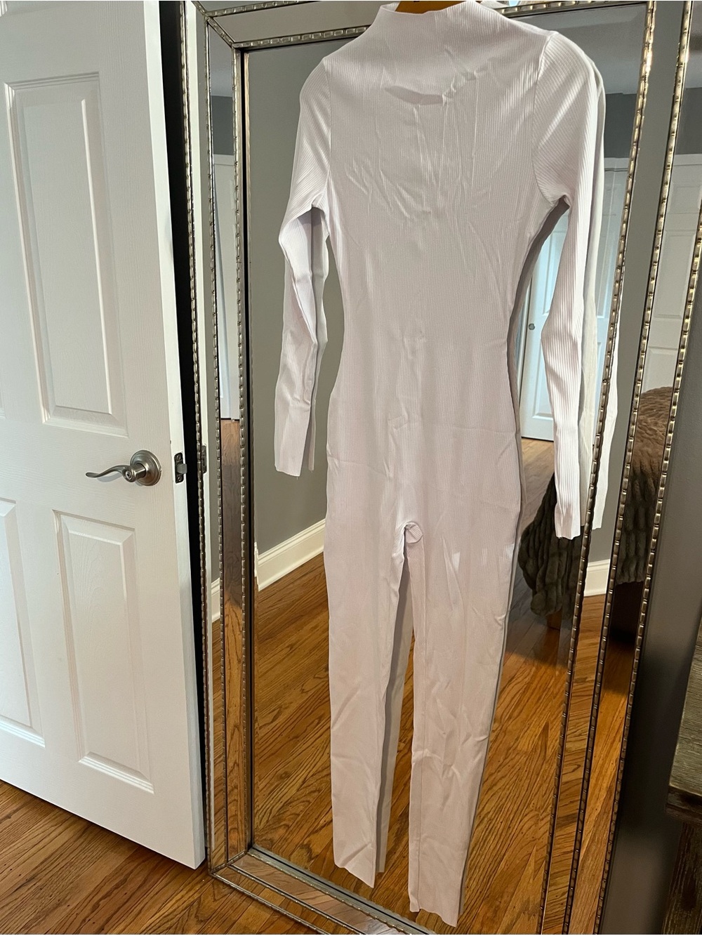 Naked Wardrobe Women's White Ribbed Long-Sleeve Jumpsuit